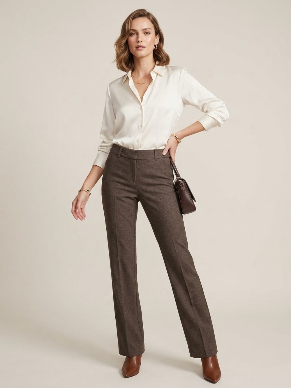 Ecru Brown Straight Leg Dress Pants Mid Rise Tailored Work Trousers Size 2